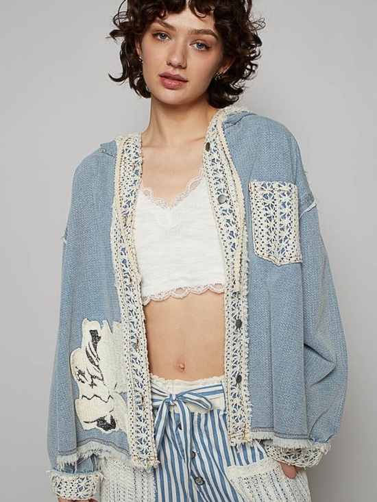 POL Jackets & Blazers - POL Light Blue Hooded Cardigan with Cream Crochet Trim
